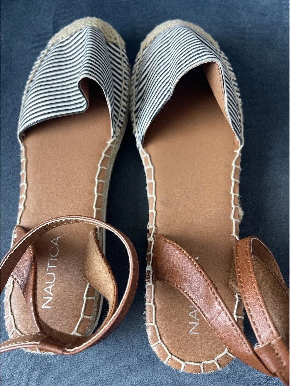 NAUTICA Espadrille Sandals Ankle Straps Black White Stripe Sz 7.5 Coastal NEW